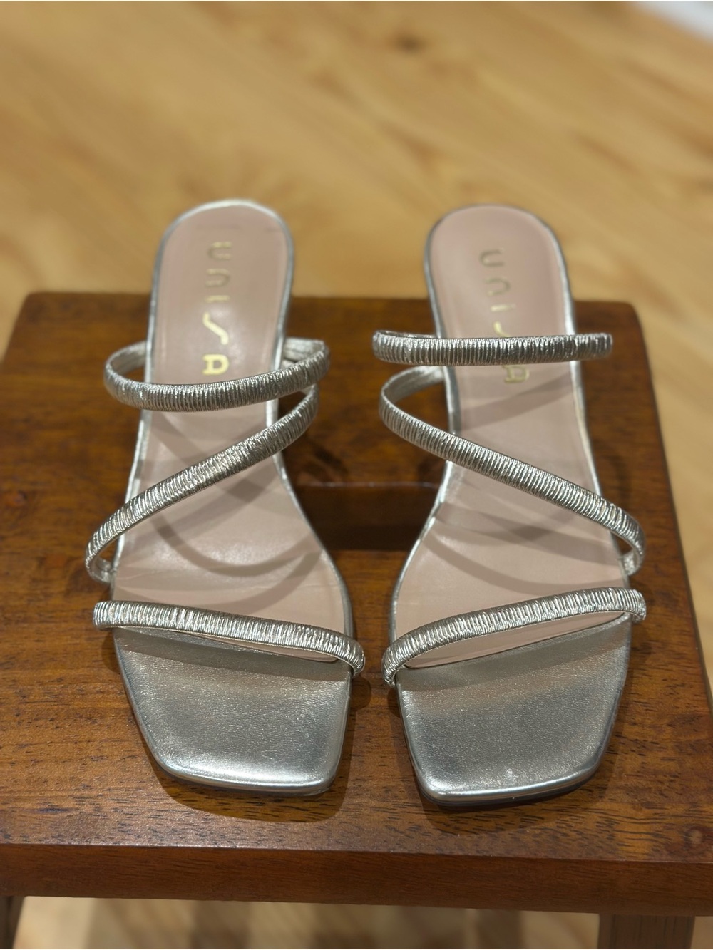 Unisa Gold Multi-Strap Square-Toe Slide Sandals